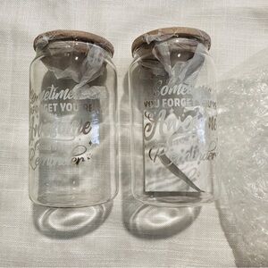 NEW Two Coffee glasses with bamboo wood lids, and  2 glass straws & 1 brusher